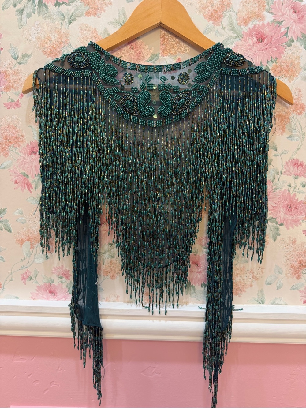 Y2K Silk Embellished Teal Beaded Fringe Capelet - Women Accessories
